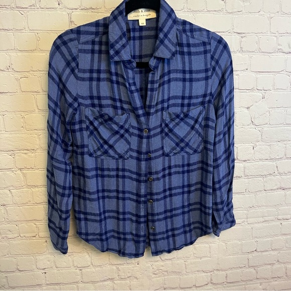 Cloth & Stone roll tab retro preppy blue plaid ladies top size XS cozy y2k - Picture 7 of 10